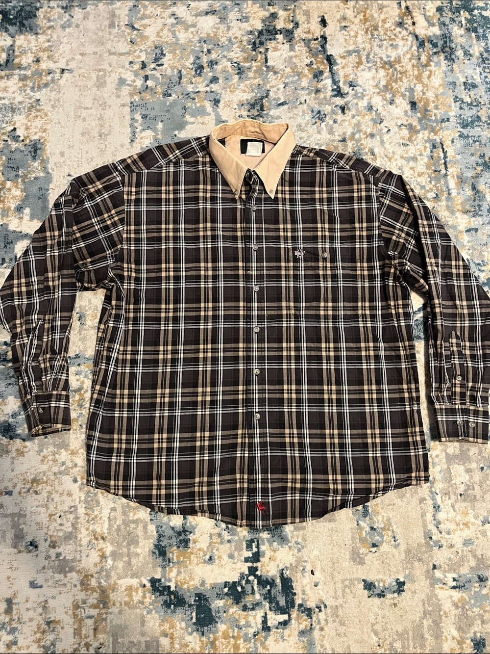PBR Western Plaid Button-Down Shirt with Contrast Collar - Black and Cream SZ XL